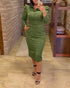 Turn-down Collar Long Sleeve Button Decor Front Slit Slim Fit Mid-Calf Dress Work Bodycon dark green