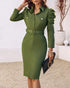 Turn-down Collar Long Sleeve Button Decor Front Slit Slim Fit Mid-Calf Dress Work Bodycon dark green