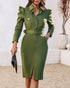 Turn-down Collar Long Sleeve Button Decor Front Slit Slim Fit Mid-Calf Dress Work Bodycon dark green