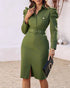 Turn-down Collar Long Sleeve Button Decor Front Slit Slim Fit Mid-Calf Dress Work Bodycon dark green