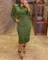 Turn-down Collar Long Sleeve Button Decor Front Slit Slim Fit Mid-Calf Dress Work Bodycon dark green