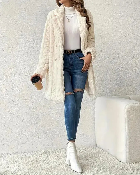 Cable Textured Lapel Neck Double Breasted Fleece Longline Teddy Coat Apricot