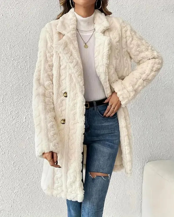 Cable Textured Lapel Neck Double Breasted Fleece Longline Teddy Coat Apricot