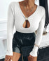 Metal Decor V-Neck Long Sleeve Sexy Hollow-out Slim Fit Top white