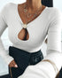 Metal Decor V-Neck Long Sleeve Sexy Hollow-out Slim Fit Top white