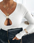 Metal Decor V-Neck Long Sleeve Sexy Hollow-out Slim Fit Top white
