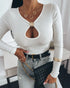 Metal Decor V-Neck Long Sleeve Sexy Hollow-out Slim Fit Top white