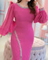 Pearls Decor Lantern Sleeve Slit Evening Dress Zipper Back Slim Fit Party Dress hot pink