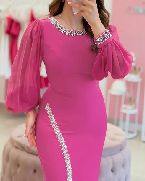 Pearls Decor Lantern Sleeve Slit Evening Dress Zipper Back Slim Fit Party Dress hot pink