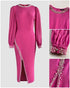 Pearls Decor Lantern Sleeve Slit Evening Dress Zipper Back Slim Fit Party Dress hot pink
