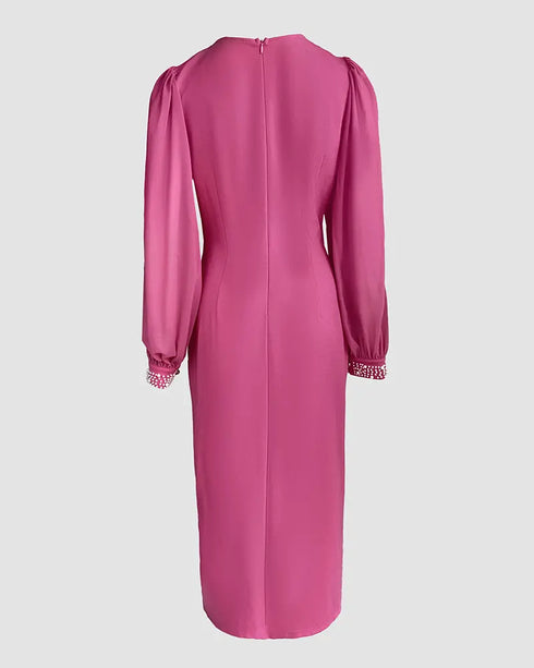 Pearls Decor Lantern Sleeve Slit Evening Dress Zipper Back Slim Fit Party Dress hot pink