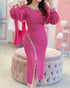 Pearls Decor Lantern Sleeve Slit Evening Dress Zipper Back Slim Fit Party Dress hot pink
