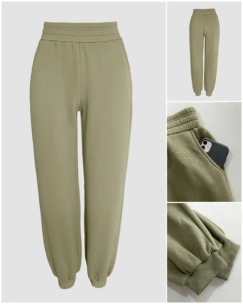 2 Pieces Outfit Kangaroo Pocket Thermal Lined Drawstring Hoodie Sweatshirt and Casual Elastic Waist Cinched Ribbed Cuffs Sporty Sweatpants Set green