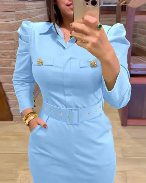 Turn-down Collar Long Sleeve Button Decor Front Slit Slim Fit Mid-Calf Dress Work Bodycon Lighted Blue