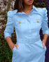 Turn-down Collar Long Sleeve Button Decor Front Slit Slim Fit Mid-Calf Dress Work Bodycon Lighted Blue