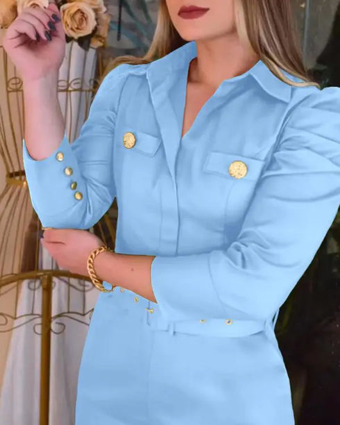 Turn-down Collar Long Sleeve Button Decor Front Slit Slim Fit Mid-Calf Dress Work Bodycon Lighted Blue