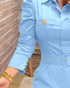 Turn-down Collar Long Sleeve Button Decor Front Slit Slim Fit Mid-Calf Dress Work Bodycon Lighted Blue