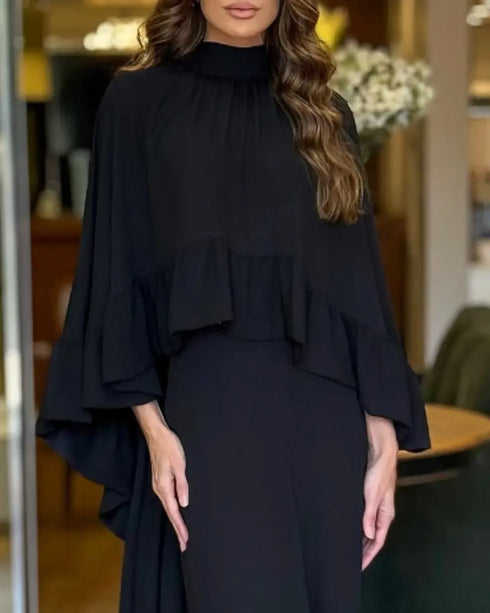 2 Pieces Outfit High Neck Hollow-out Back Ruffles High-Low Hem Cape and Casual Elastic Back Waist Wide Leg Pants Set black