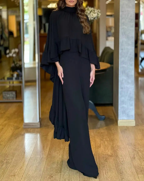 2 Pieces Outfit High Neck Hollow-out Back Ruffles High-Low Hem Cape and Casual Elastic Back Waist Wide Leg Pants Set black