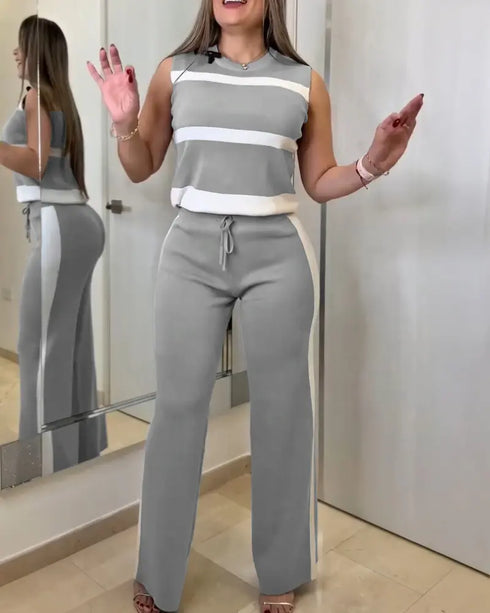 Striped Print Round Neck Sleeveless Top and Casual Elastic Waist Drawstring Pants Sets gray
