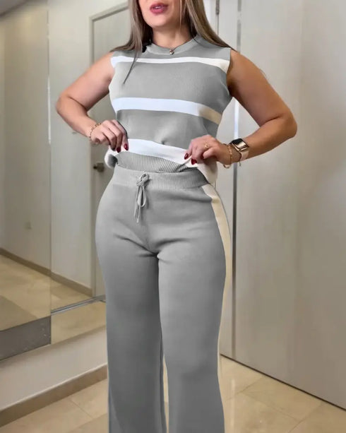 Striped Print Round Neck Sleeveless Top and Casual Elastic Waist Drawstring Pants Sets gray