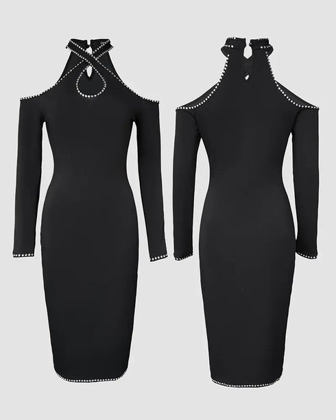 Rhinestone Decor Halter Cold Shoulder Long Sleeve Bodycon Dress Hollow-out Front & Back Evening Dress black