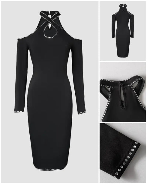 Rhinestone Decor Halter Cold Shoulder Long Sleeve Bodycon Dress Hollow-out Front & Back Evening Dress black