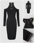 Rhinestone Decor Halter Cold Shoulder Long Sleeve Bodycon Dress Hollow-out Front & Back Evening Dress black
