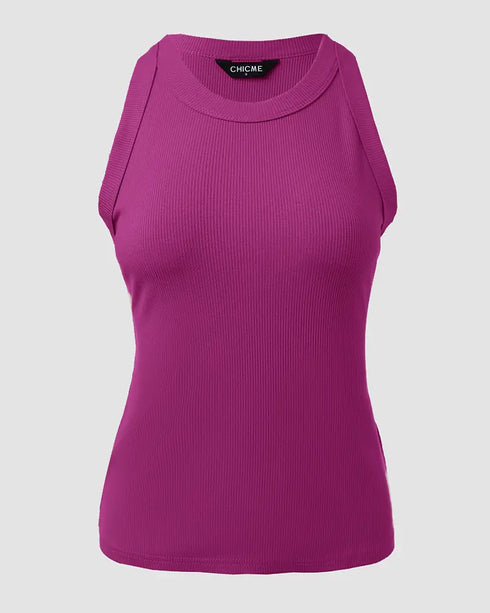 O-Neck Sleeveless Basic Slim Fit Skinny Tank Casual Top(Without Pads) hot pink
