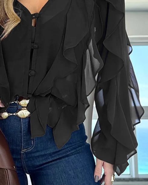 Ombre V Neck Shoulder Asymmetrical Ruffles Blouse Casual Button Front Long Sleeve Top black