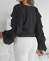 Ombre V Neck Shoulder Asymmetrical Ruffles Blouse Casual Button Front Long Sleeve Top black