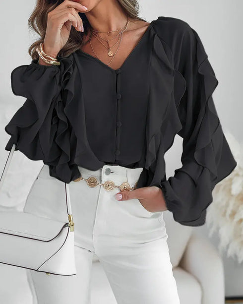 V Neck Shoulder Ruffles Design Blouse Casual Button Front Long Sleeve Top black