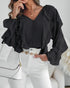 V Neck Shoulder Ruffles Design Blouse Casual Button Front Long Sleeve Top black
