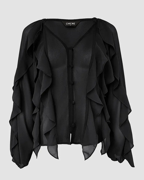 Ombre V Neck Shoulder Asymmetrical Ruffles Blouse Casual Button Front Long Sleeve Top black
