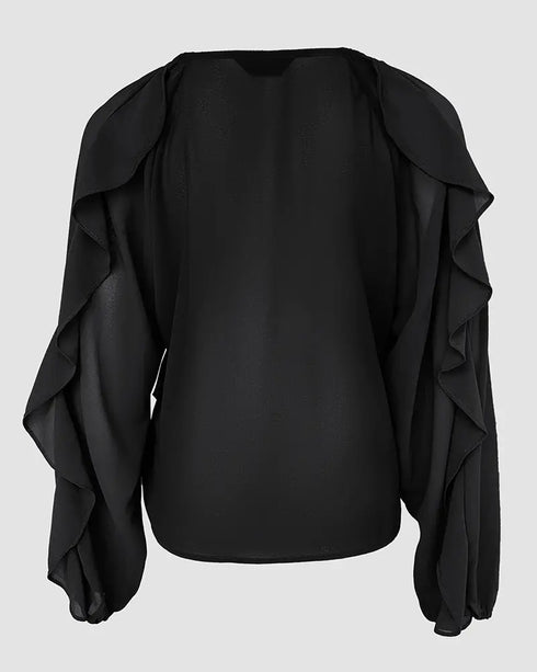 V Neck Shoulder Ruffles Design Blouse Casual Button Front Long Sleeve Top black
