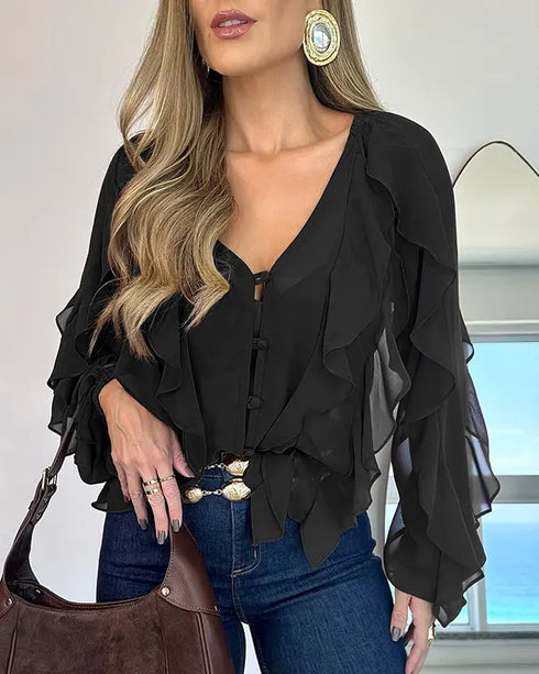 V Neck Shoulder Ruffles Design Blouse Casual Button Front Long Sleeve Top black