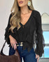 Ombre V Neck Shoulder Asymmetrical Ruffles Blouse Casual Button Front Long Sleeve Top black