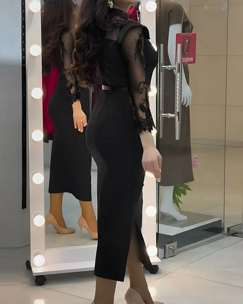 High Neck Long Sleeve Lace Pattern Mesh Patchwork Chic Zipper Mid-Calf Dress black