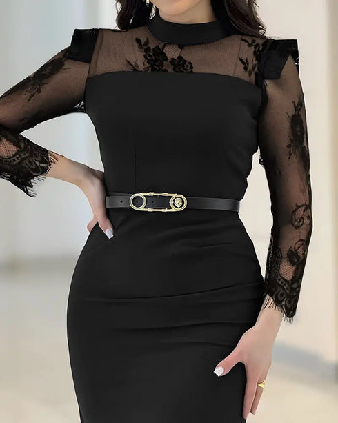 High Neck Long Sleeve Lace Pattern Mesh Patchwork Chic Zipper Mid-Calf Dress black