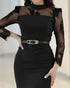 High Neck Long Sleeve Lace Pattern Mesh Patchwork Chic Zipper Mid-Calf Dress black