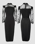 High Neck Long Sleeve Lace Pattern Mesh Patchwork Chic Zipper Mid-Calf Dress black