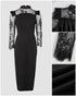 High Neck Long Sleeve Lace Pattern Mesh Patchwork Chic Zipper Mid-Calf Dress black