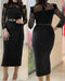 High Neck Long Sleeve Lace Pattern Mesh Patchwork Chic Zipper Mid-Calf Dress black
