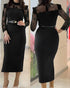 High Neck Long Sleeve Lace Pattern Mesh Patchwork Chic Zipper Mid-Calf Dress black