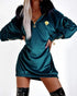 Velvet Fuzzy Trim Hooded Mini Dress Long Sleeve Zipper Design Sweatshirt Pullover Casual Dress green