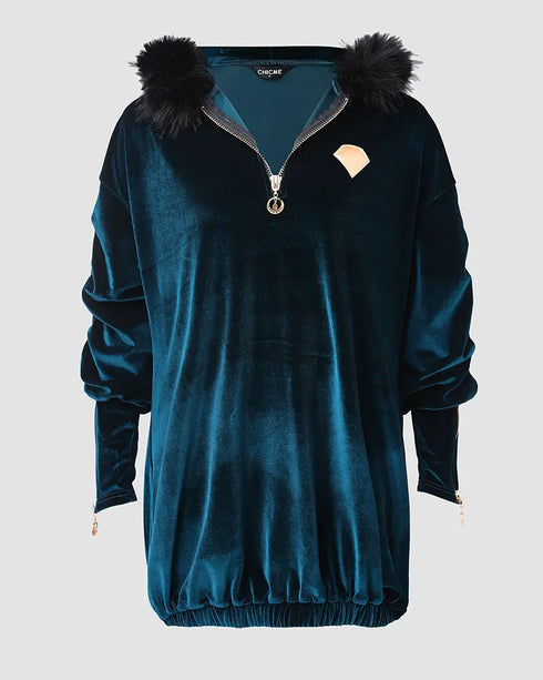 Velvet Fuzzy Trim Hooded Mini Dress Long Sleeve Zipper Design Sweatshirt Pullover Casual Dress green