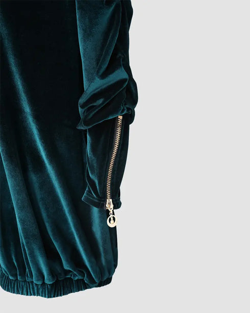 Velvet Fuzzy Trim Hooded Mini Dress Long Sleeve Zipper Design Sweatshirt Pullover Casual Dress green