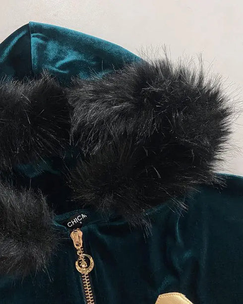 Velvet Fuzzy Trim Hooded Mini Dress Long Sleeve Zipper Design Sweatshirt Pullover Casual Dress green