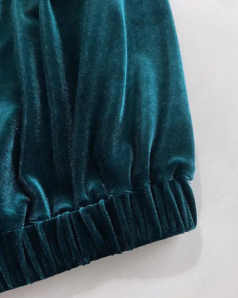 Velvet Fuzzy Trim Hooded Mini Dress Long Sleeve Zipper Design Sweatshirt Pullover Casual Dress green