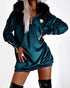 Velvet Fuzzy Trim Hooded Mini Dress Long Sleeve Zipper Design Sweatshirt Pullover Casual Dress green